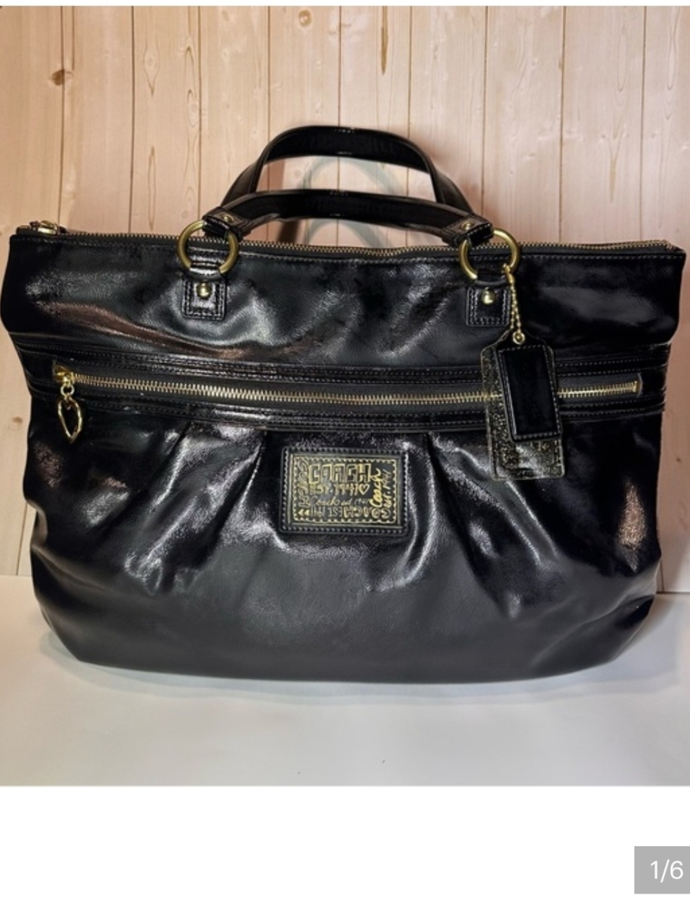 Coach Black Patent Leather Shoulder Bag with Gold Hardware